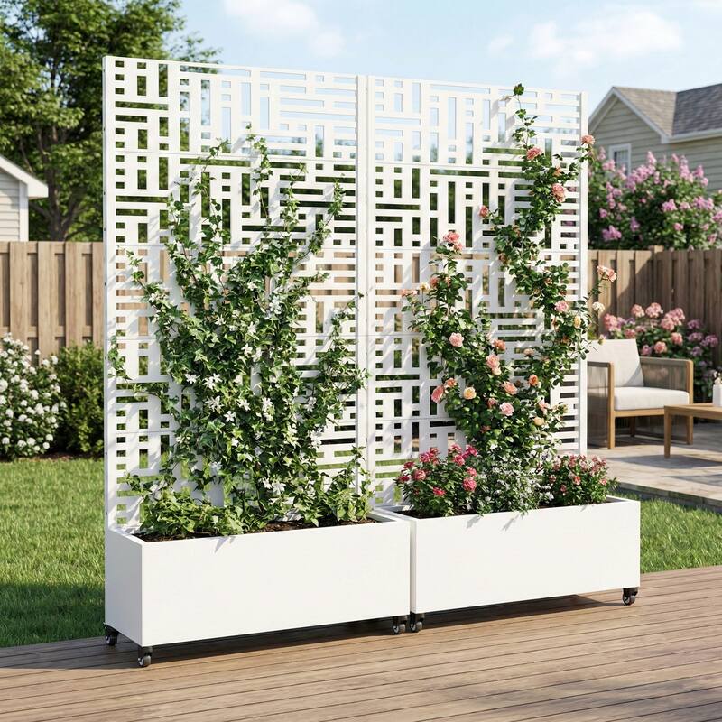 Metal Movable Planter Box with Trellis Privacy Screen Lockable Wheels