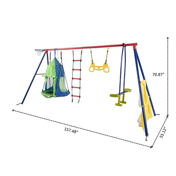 Interesting four function swingset with net swing and face to face metal plastic safe swing seat for age 3+