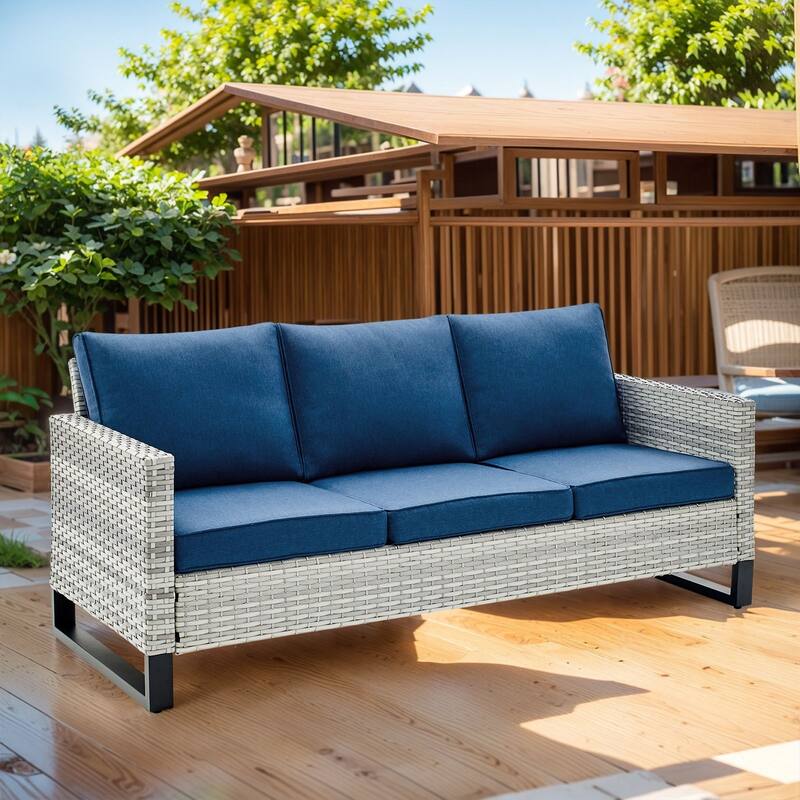 Outdoor 3-Seat Patio Wicker Sofa Light Grey - Blue - Light Grey - Light Grey - Blue
