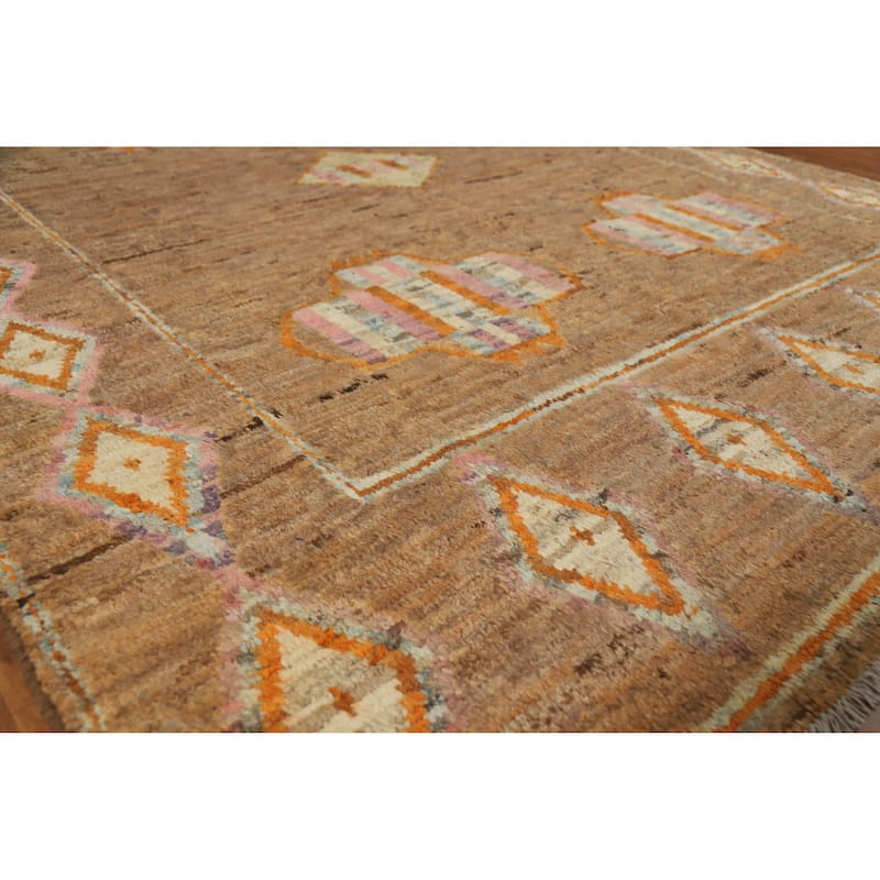 Moroccan Oriental Area Rug Hand-Knotted Brown Modern Wool Carpet - 7'0" x 9'6" - 7'0" x 9'6" - Brown