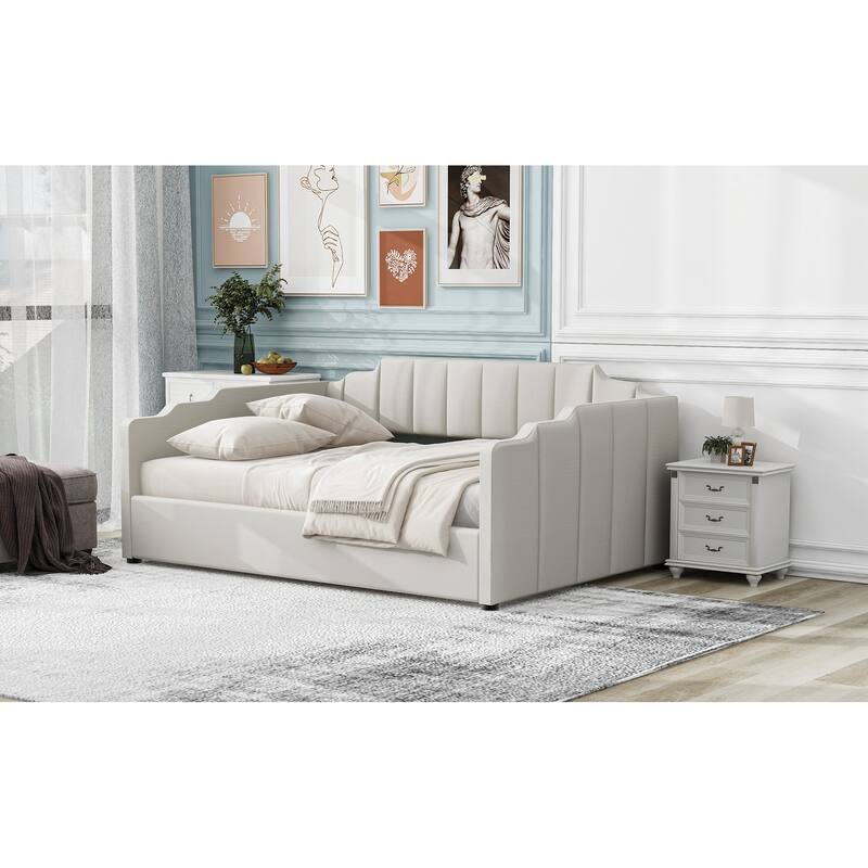 Upholstered Daybed with Underneath Storage,Full Size, Beige