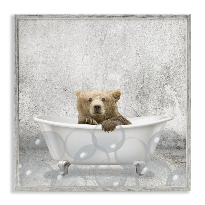 Stupell Baby Bear Bath Time Cute Animal Design,12 x 12, Framed Wall Art - 24 x 24 - Grey