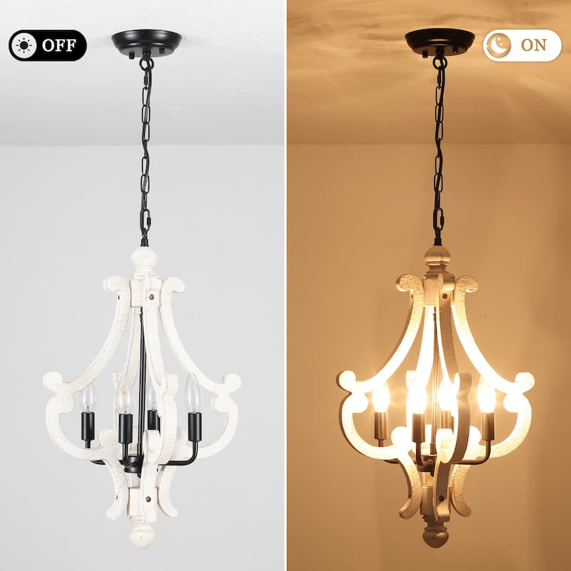 4-Light 14.56-inch Wooden Lantern Rustic Chandeliers for Entryway Hallway