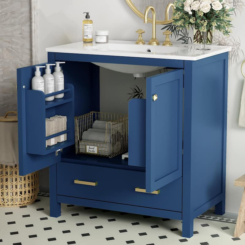 GDFStudio - Aurora Wood & Ceramic Bathroom Vanity Set with Sink and Divided Drawers - 30" - Blue