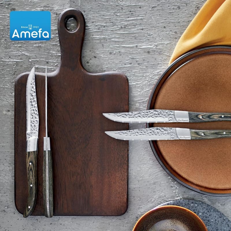 Amefa Set of 6 Lou Laguiole Vulcano Steak Knives - Silver and Pakka Wood
