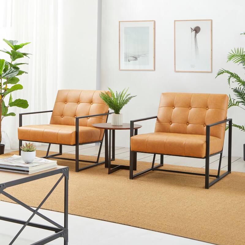 Glitzhome Set of 2 29.25"W Mid-Century PU Leather Tufted Accent Chairs