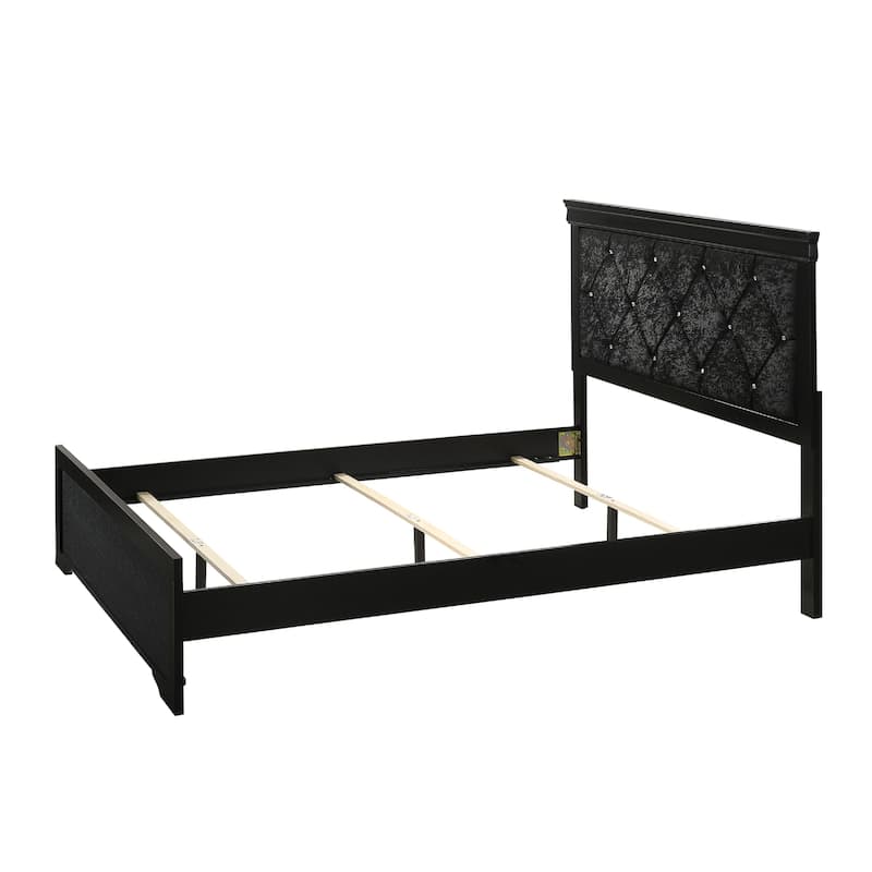 Modern Black Queen Panel Bed with Upholstered Headboard