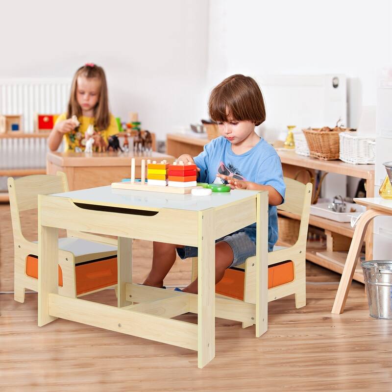 3-Piece Kids Wooden Table And Chair Set with Storage