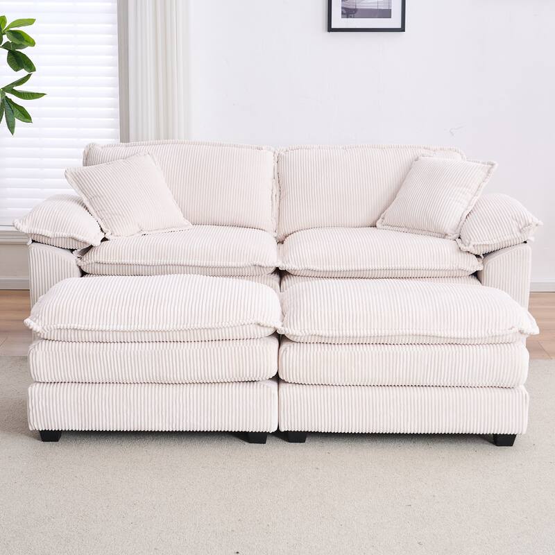 84.6" Corduroy 2-seats sofa With 2 back pillows,2 toss pillows and two ottoman - White