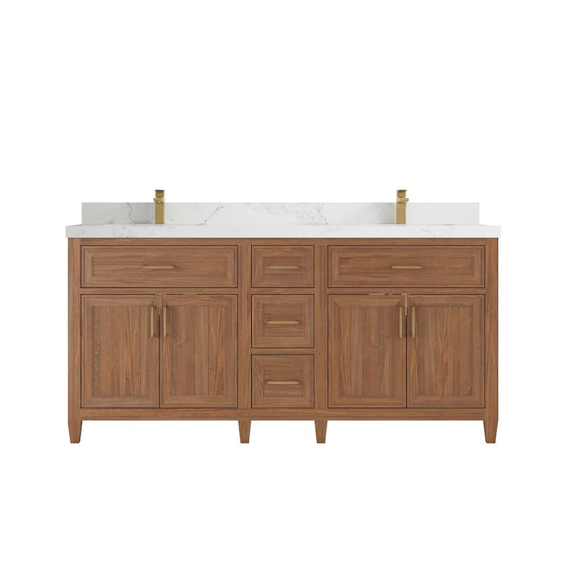 Willow Collections 72 in. W x 22 in. D Santa Monica Teak Double Sink Bathroom Vanity with Countertop - 2”Calacatta Nuvo - Dark Natural