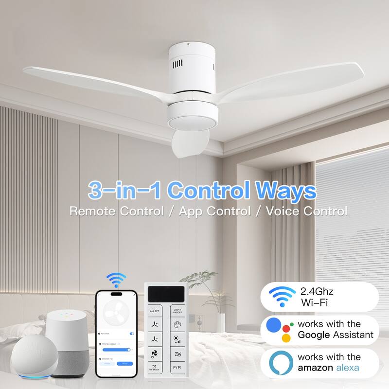 Sofucor 52 Inch Noiseless Flush Mount Ceiling Fan with Remote/Smart App Control,Dimmable Lights Optional,Reversible Motor