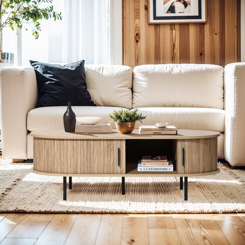 Mid-Century Modern Coffee Table with Storage and Slatted Sliding Doors - 15.7" H x 47.2" W x 23.6" D