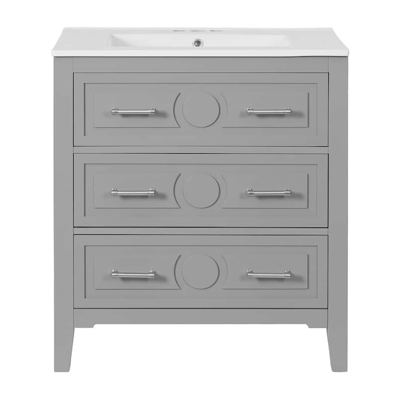 Roomfitters 30 Inch Bathroom Vanity with Ceramic Sink Combo, Freestanding Solid Wood Frame Storage Cabinet with 3 Drawers