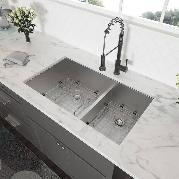 slide 2 of 17, Low-Divide Undermount Double Bowl Stainless Steel Kitchen Sink