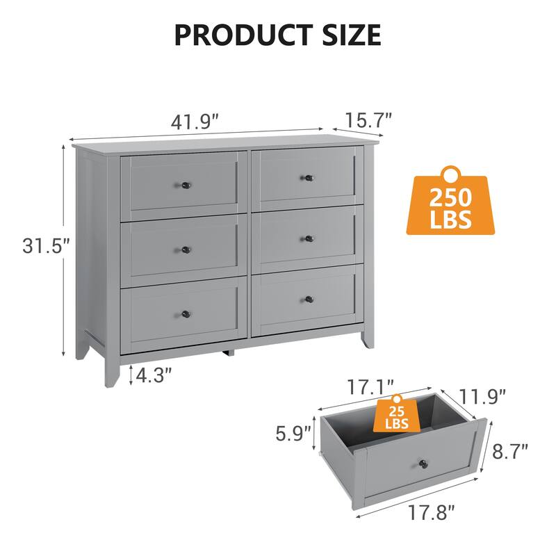 6 Drawers Cabinet,Wood Double Chest of Dresser Wide Storage Organizer - Grey