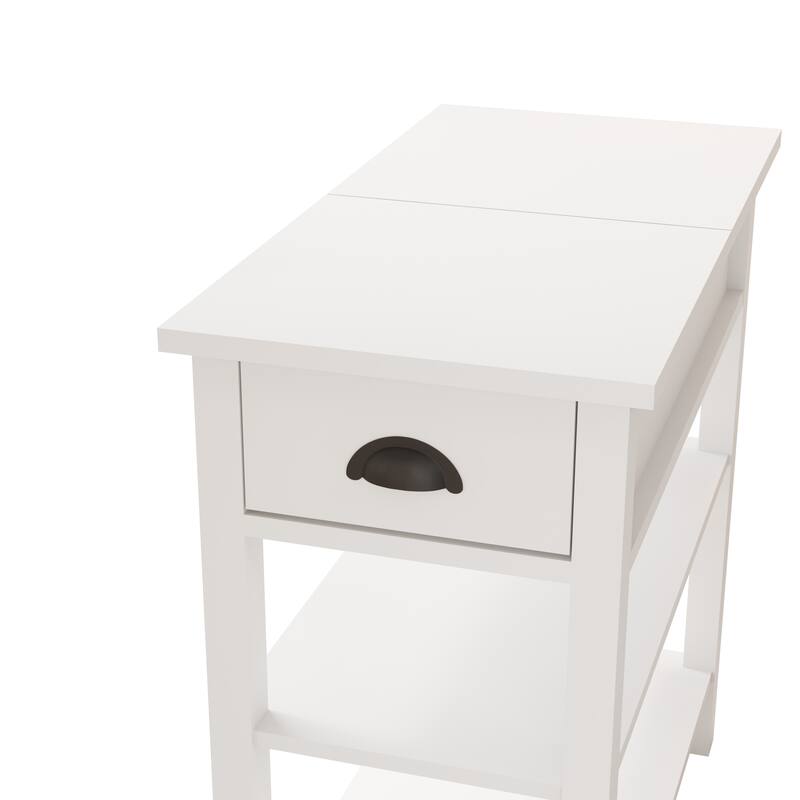 Modern Narrow Sided Table Nightstand with Drawers and Bottom Partition in Flip Over Design