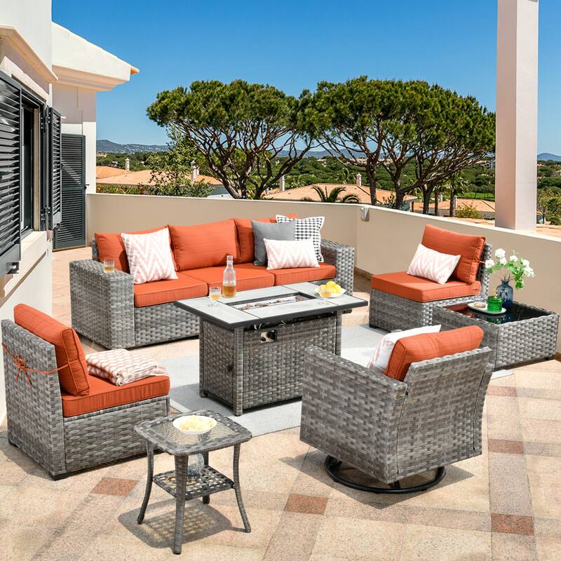 HOOOWOOO 9-piece Wicker Outdoor Modular Wide Armrest Sectional Set Fire Pit Set - Red/Orange