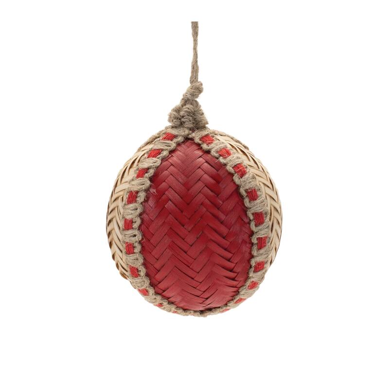 Woven Bamboo Christmas Ball Ornaments - 4" - Red and Beige - 4ct