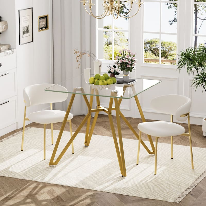35.4-Inch Square Tempered Glass Dining Table With Gold Metal Legs - Modern Space-Saving Design For 2-4 People.