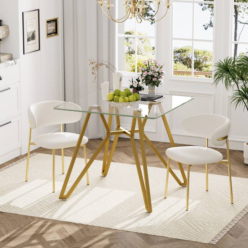Square tempered glass dining table, space-saving small kitchen dining table, equipped with sturdy metal table legs
