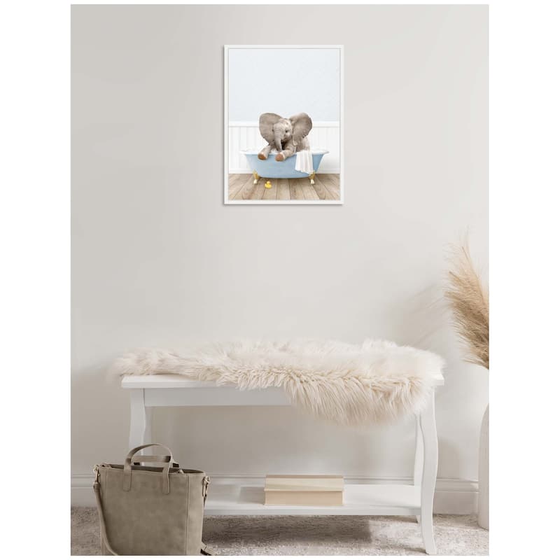 Kate and Laurel Sylvie Baby Elephant 6 in Cottage Blue Bathtub Framed Canvas by Amy Peterson
