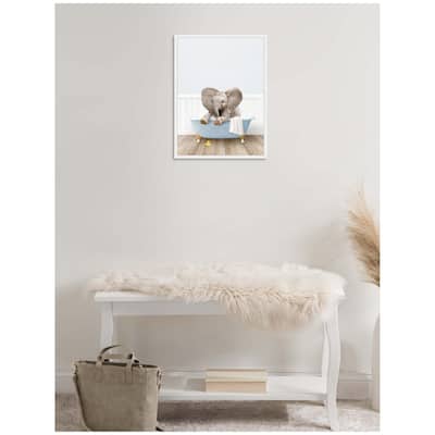 Kate and Laurel Sylvie Baby Elephant 6 in Cottage Blue Bathtub Framed Canvas by Amy Peterson