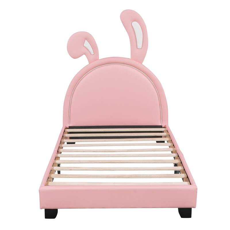 Adorable Twin/Full Upholstered Platform Bed with Rabbit Design, PU Leather, Sturdy Wood Frame, No Box Spring Needed