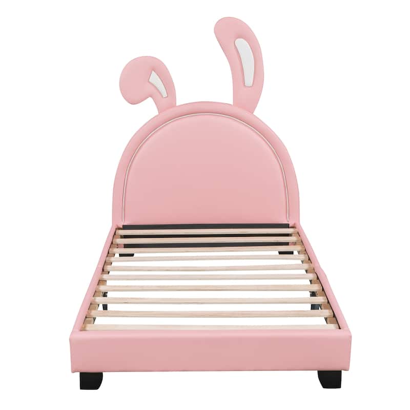 Upholstered Platform Bed with Rabbit Ornament - Pink