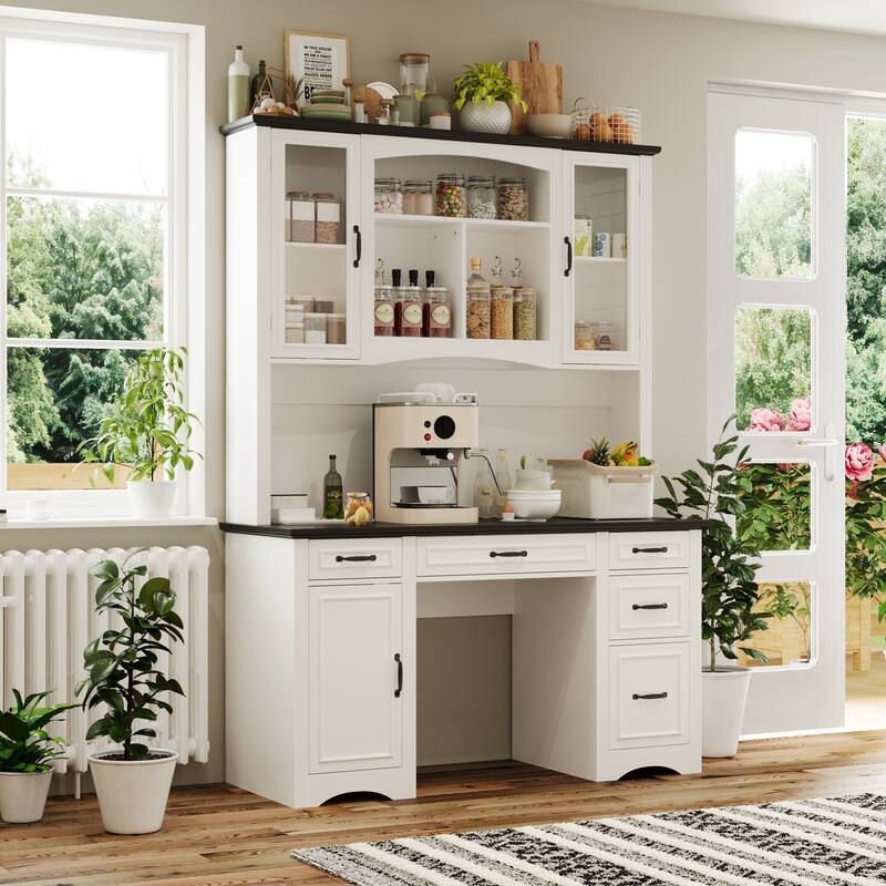 Coffee Bar Cabinet and Work Desk with Hutch,Pantry Storage Cabinet with Outlets