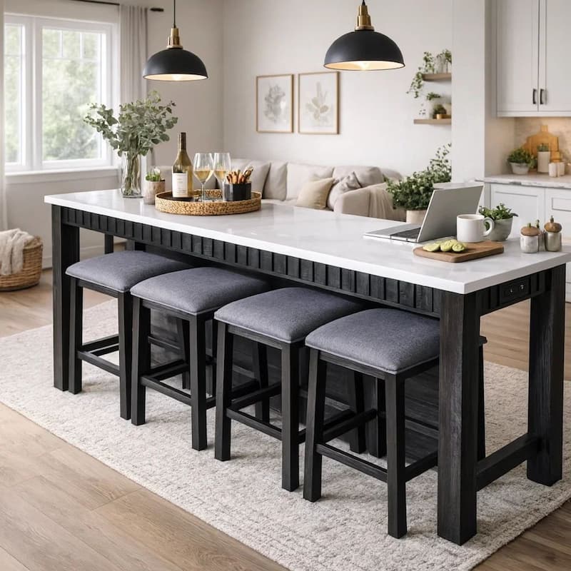 4 Piece Marble Top Table and Stool Set, White and Brown