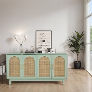 Woven Rattan Accents 4-Door Cabinet with Rattan Decorative Doors, Mint ...