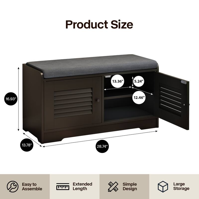 28.74" Shoe Storage Bench with 2 Door Cabinet, Entryway Bench Black Indoor Bench with Padded Seat and Adjustable Shelves