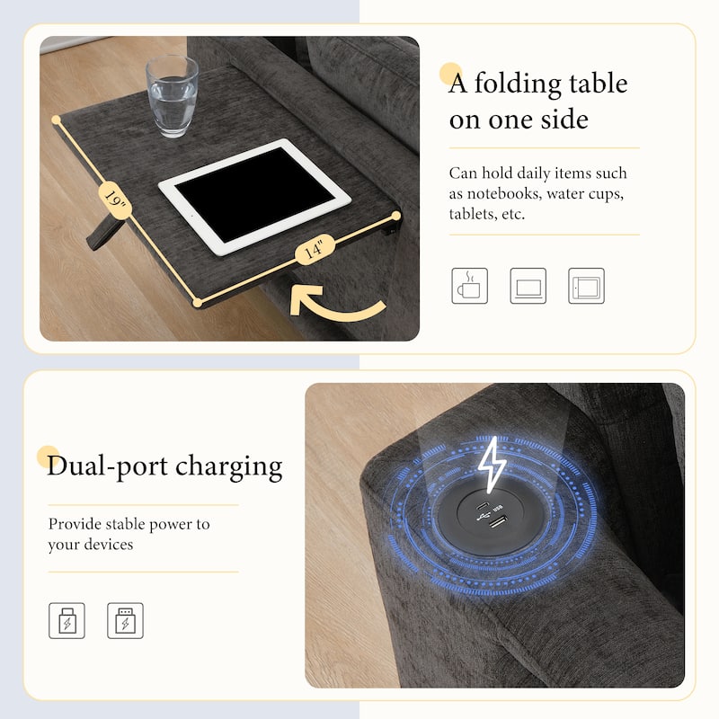 L-Shape Sectional Sofa with Folding Table, Dual-Port Charging, Side Pockets, 2 Pillows, Movable Ottoman, Chenille Modular Sofa