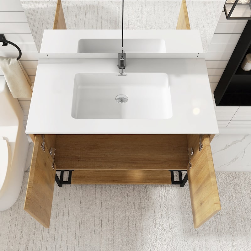 Freestanding Bathroom Vanity Set in Oak with Integrated Solid Surface Sink