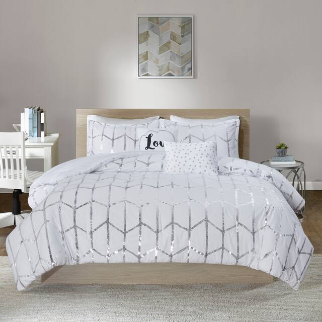 Intelligent Design Khloe 5-pc. Metallic Printed Comforter Set - White/ Silver - Full - Queen