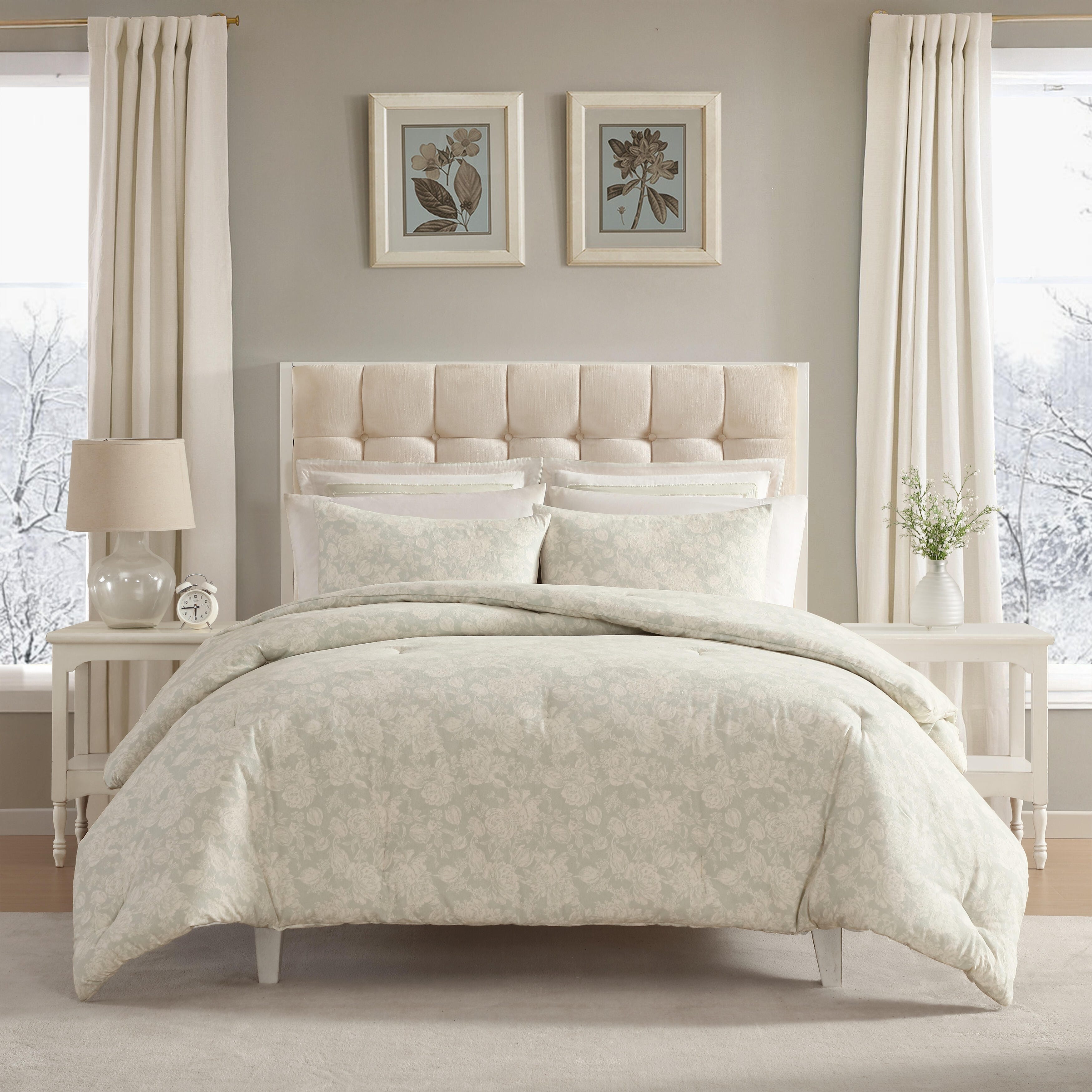 Laura Ashley Meredith Soft Cotton Flannel Floral Comforter (Light Grey, 3 Piece Set)