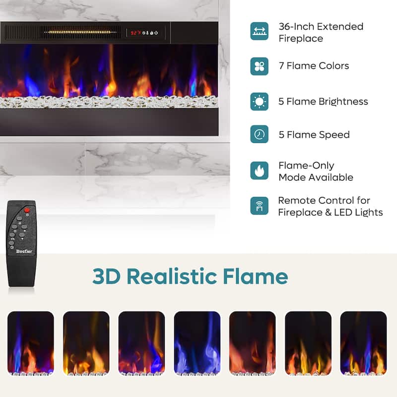 Bestier 63 in. White Marble Freestanding Electric Fireplace TV Stand Fits TV Up to 70 in. Entertainment Center with Cabinet