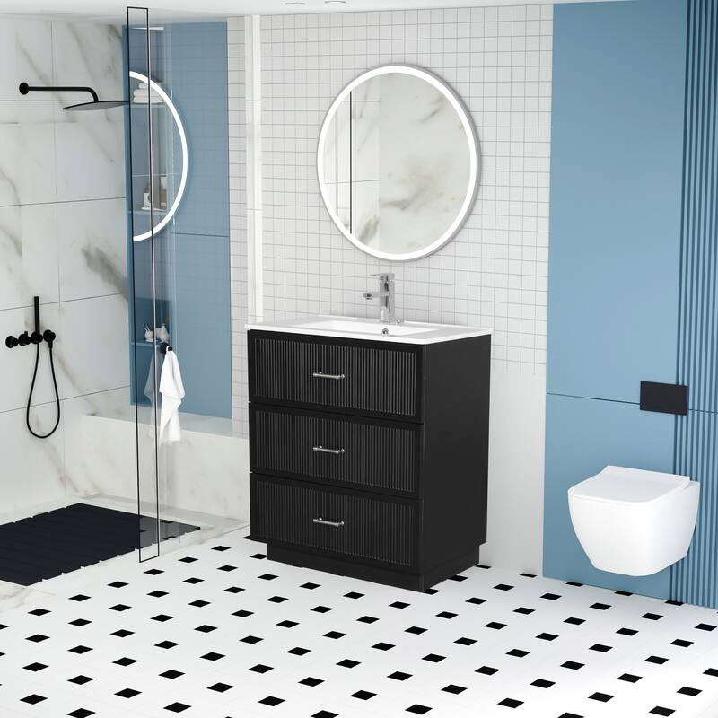 30" Freestanding Bathroom Vanity with Ceramic Sink and 2 Storage Drawers, Stylish Gray Floor Cabinet