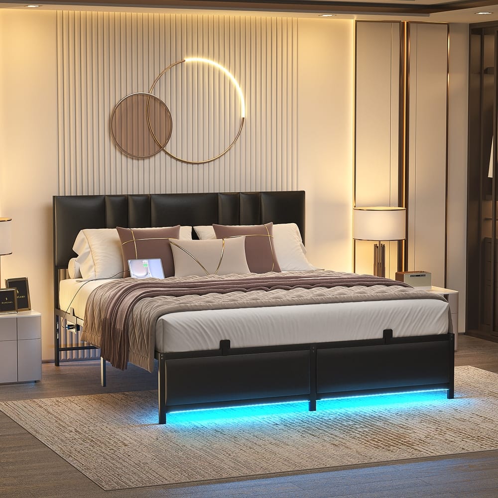 Upholstered Bed Frame with Height Adjustable Headboard,with RGB LED Light and Charging Hub