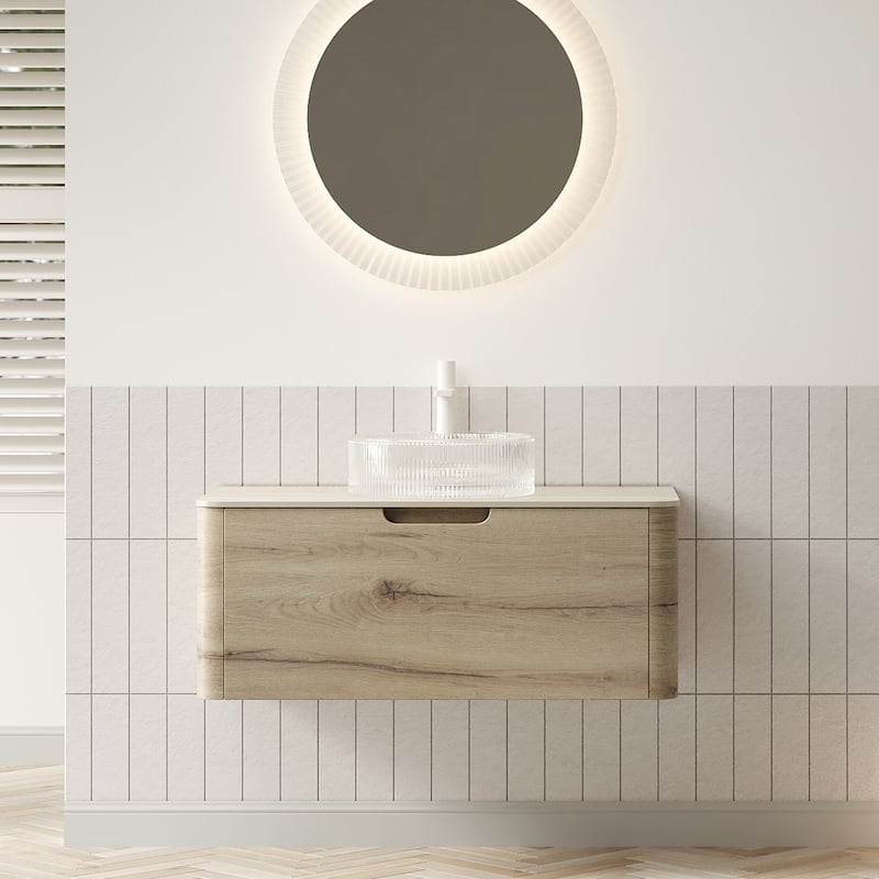GDFStudio - Xai Floating Bathroom Vanity with Transparent Round Glass Basin, Roma Travertine-Pattern Sintered Stone Top - 36" - White Oak
