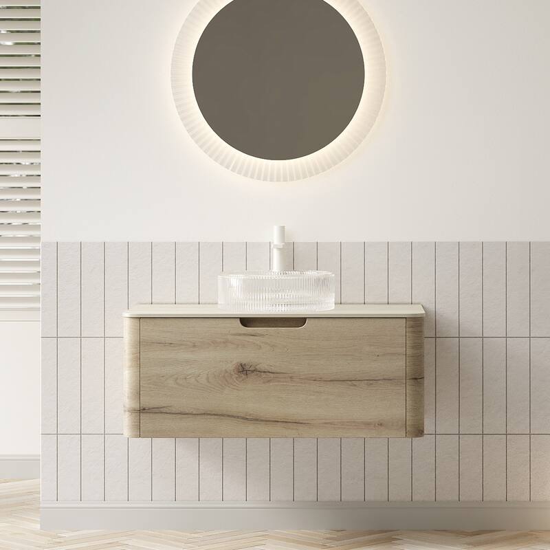 XAI 36" Bathroom Vanity with Sink, Floating Plywood Storage Cabinet with Drawer, Transparent Round Glass Basin - White,White Oak