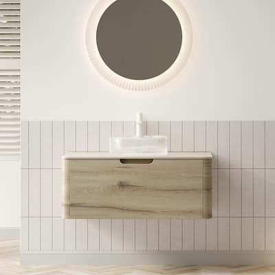 XAI 36" Bathroom Vanity with Sink, Floating Plywood Storage Cabinet with Drawer, Transparent Round Glass Basin