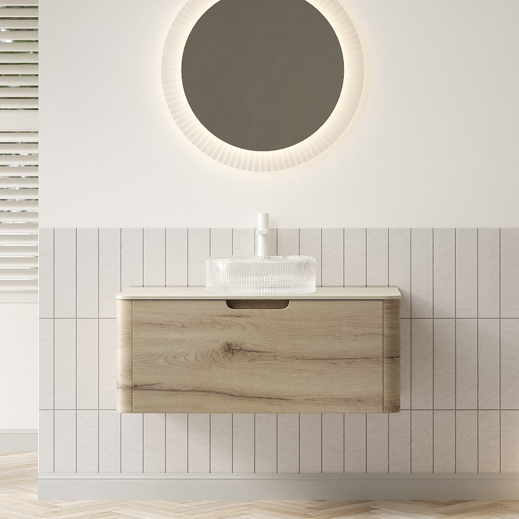 XAI 36" Bathroom Vanity with Sink, Floating Plywood Storage Cabinet with Drawer, Transparent Round Glass Basin