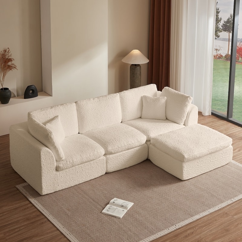110" Convertible L-Shape 3-Seater Cloud Sectional Sofa with Ottoman - Beige