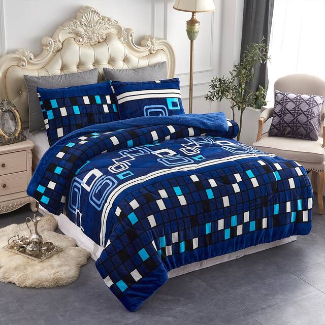 3-Piece Floral Printed Sherpa-Backing Reversible Comforter Set - Geometric Blue - Queen