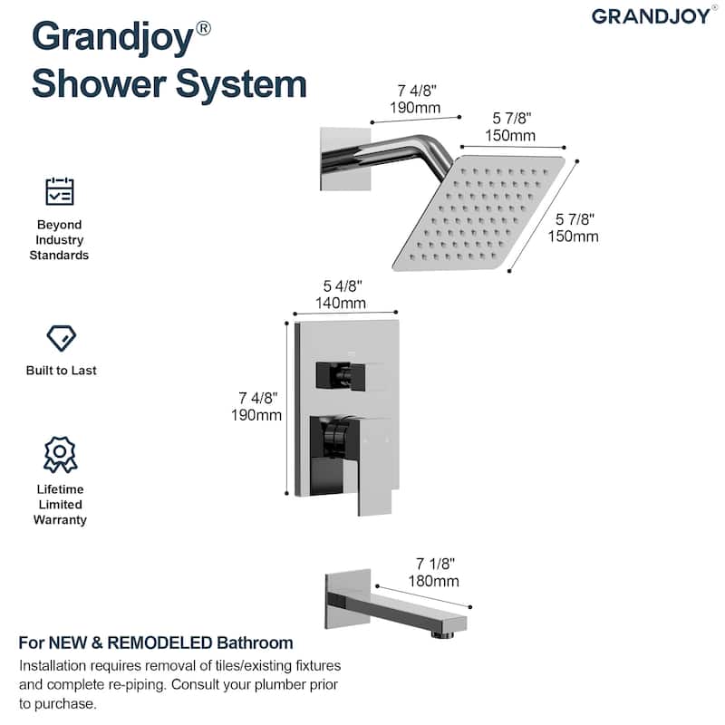 GRANDJOY 2-Function Tub and Shower Faucet Set with Single Handle Valve, Wall-Mount Design