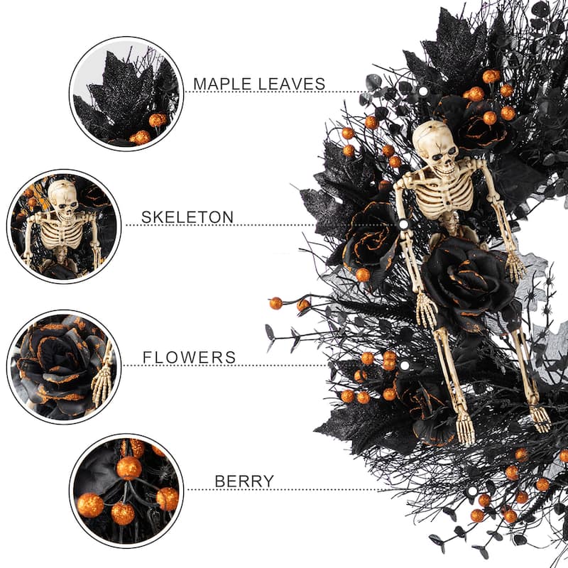 Glitzhome 22"H Halloween Black Rose Skeleton and Berry Urn Potted Table Tree