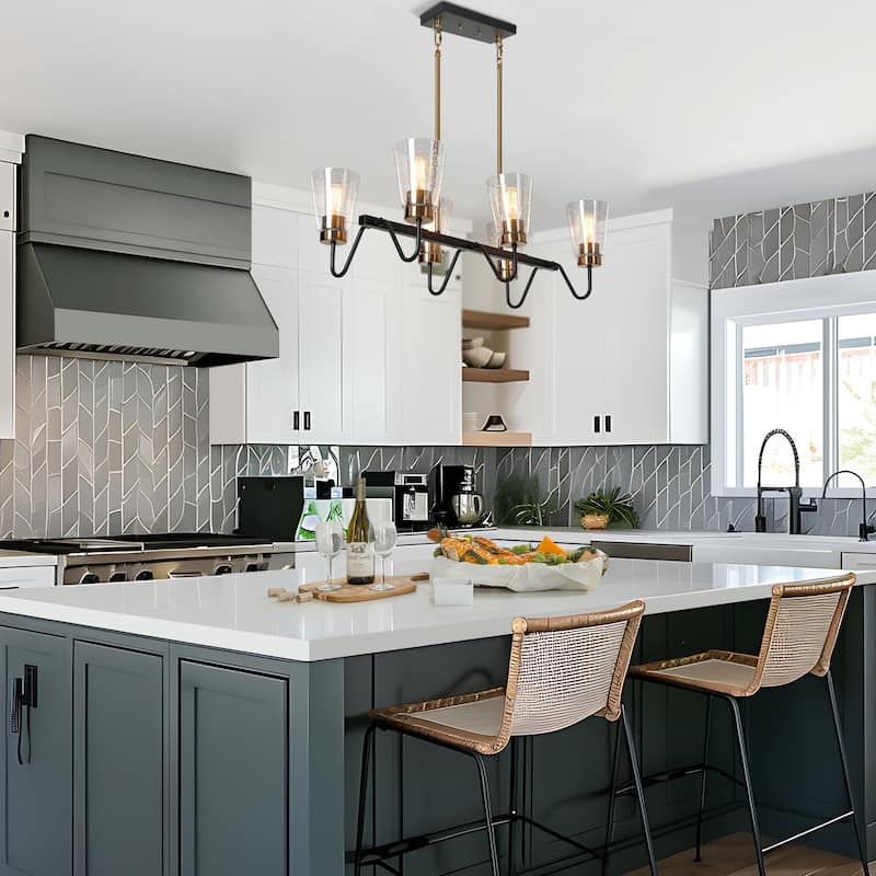 Ivelle Farmhouse 6-Light Black Gold Linear Chandelier Cone Glass Kitchen Island Pendant Lights - 27.5"L