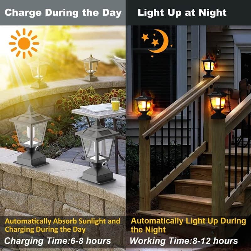 2-Pack Solar Post Cap Lights 4x4 Flickering Flame, Waterproof LED for Fence, Garden, Pathway - N/A