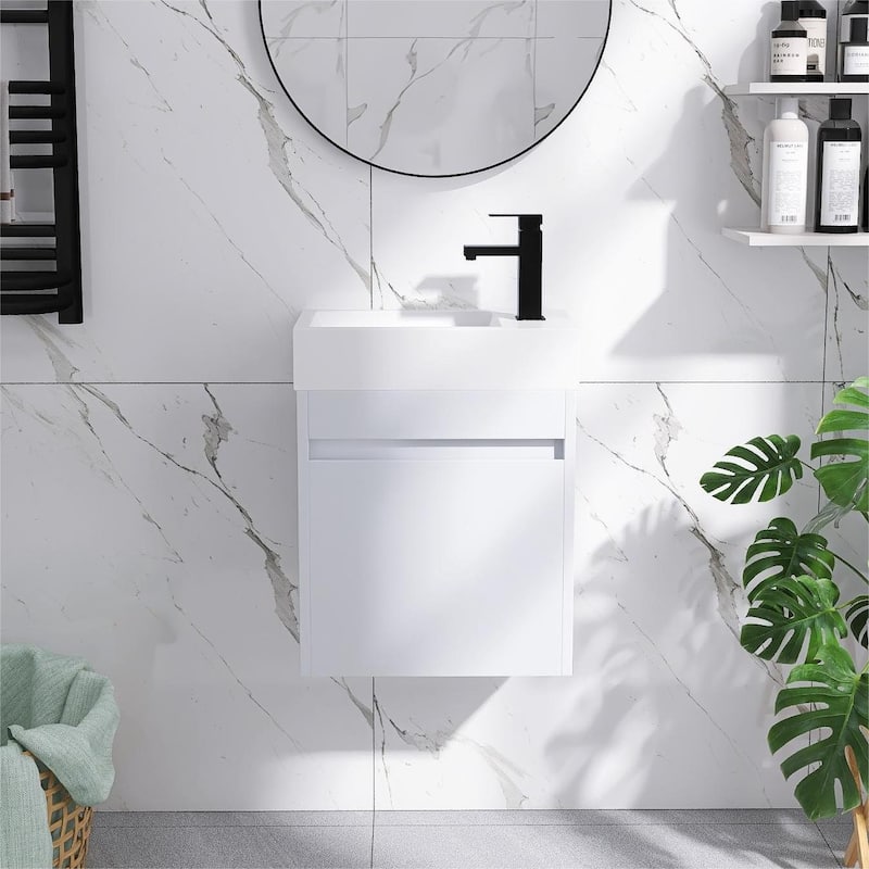 Bathroom Vanity With Sink In 16/18/23 Inch, Floating/Freestanding Bathroom Vanity With Soft Close Door - 18.1"W-Resin Sink - White